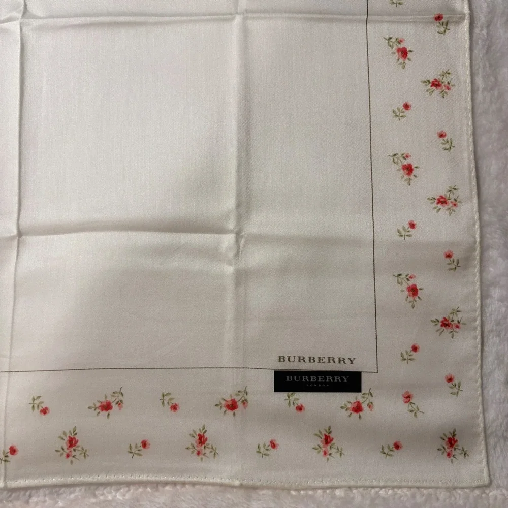 BURBERRY Scarf Handkerchief Floral Rosebud Silk Ivory White 19.5in